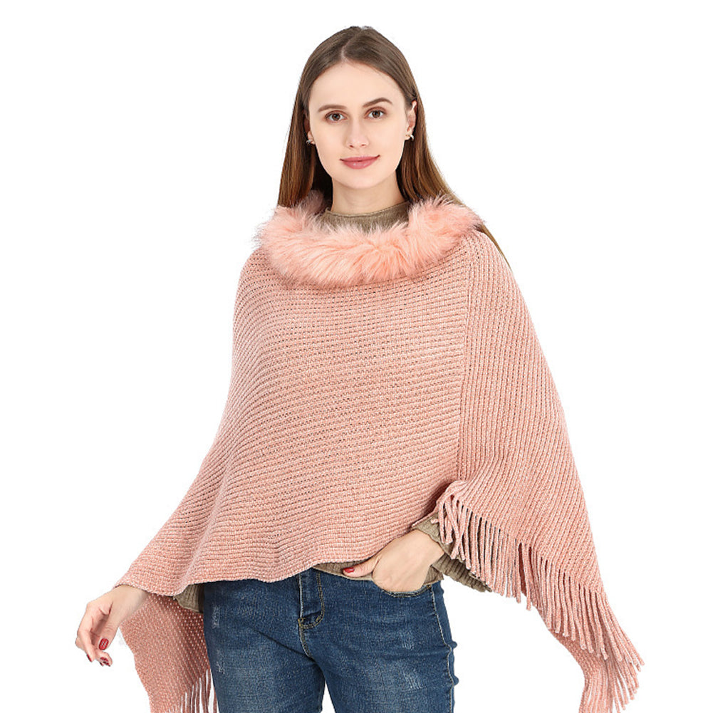 YESFASHION Winter Warm Chenille Collar Cape Women Knitted Shawl
