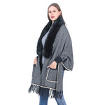 YESFASHION Collar Striped Pocket Cape Mink Fringed Knitted Sweaters