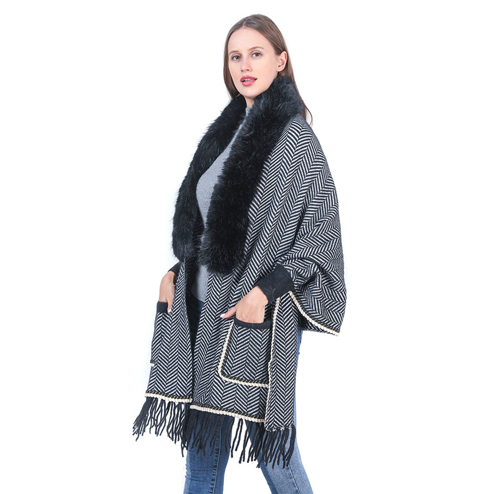 YESFASHION Collar Striped Pocket Cape Mink Fringed Knitted Sweaters