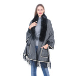 YESFASHION Collar Striped Pocket Cape Mink Fringed Knitted Sweaters