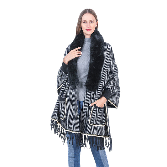 YESFASHION Collar Striped Pocket Cape Mink Fringed Knitted Sweaters