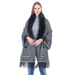 YESFASHION Collar Striped Pocket Cape Mink Fringed Knitted Sweaters