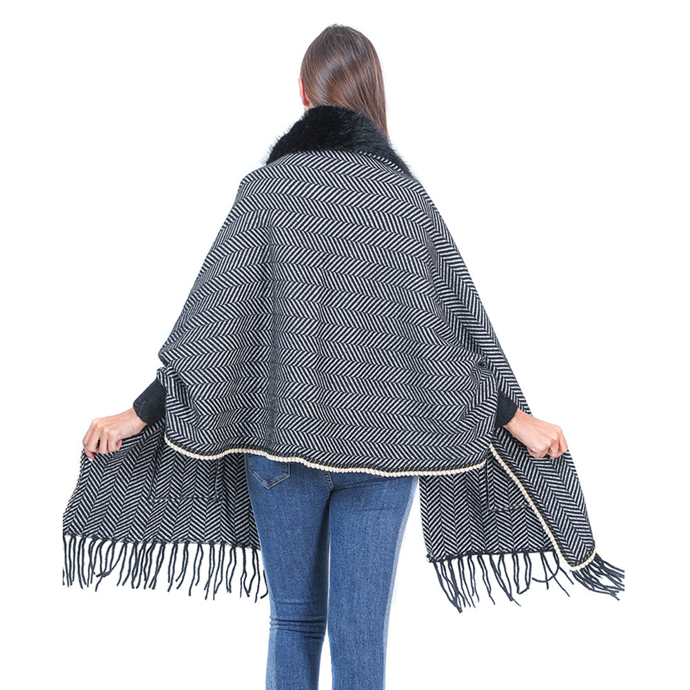 YESFASHION Collar Striped Pocket Cape Mink Fringed Knitted Sweaters