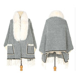 YESFASHION Collar Striped Pocket Cape Mink Fringed Knitted Sweaters