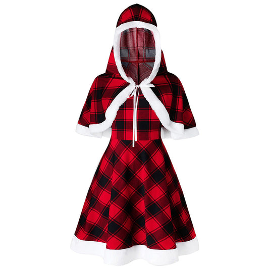 YESFASHION Plus Size Ladies Christmas Plaid Print Dress Two Piece