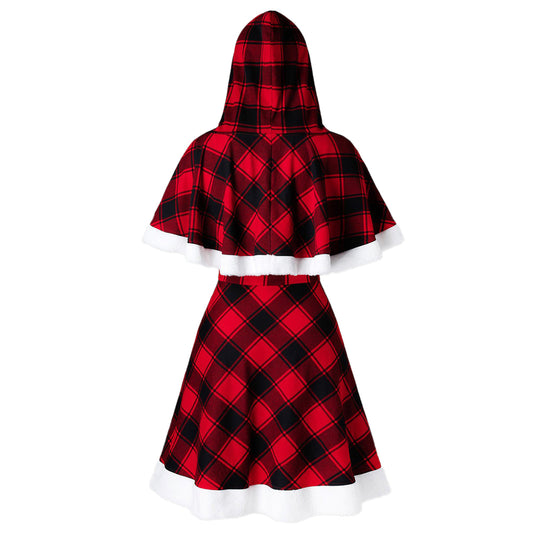 YESFASHION Plus Size Ladies Christmas Plaid Print Dress Two Piece