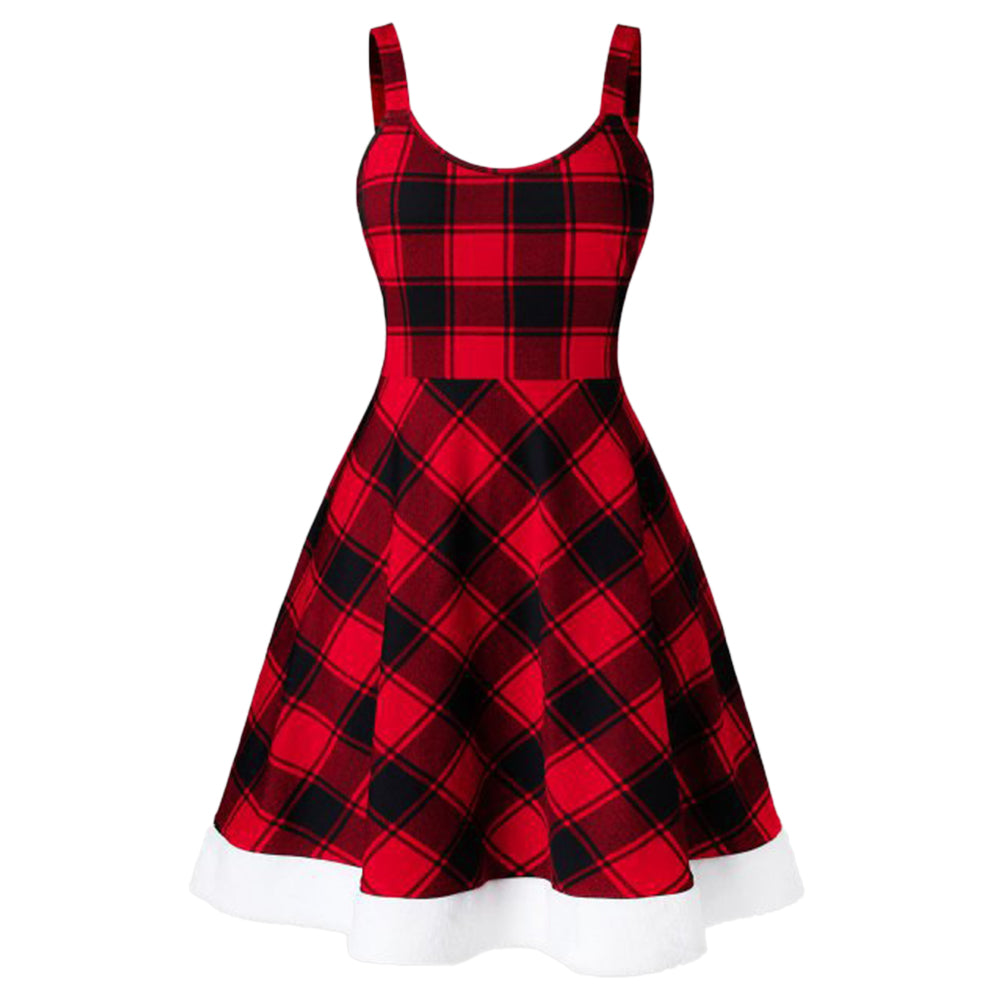 YESFASHION Plus Size Ladies Christmas Plaid Print Dress Two Piece