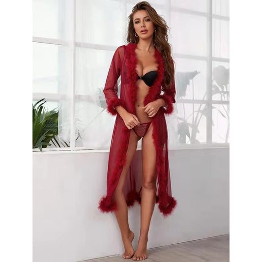 YESFASHION Fluffy Sexy Lingerie Female Skirt Long Sleeve Sexy Pajamas