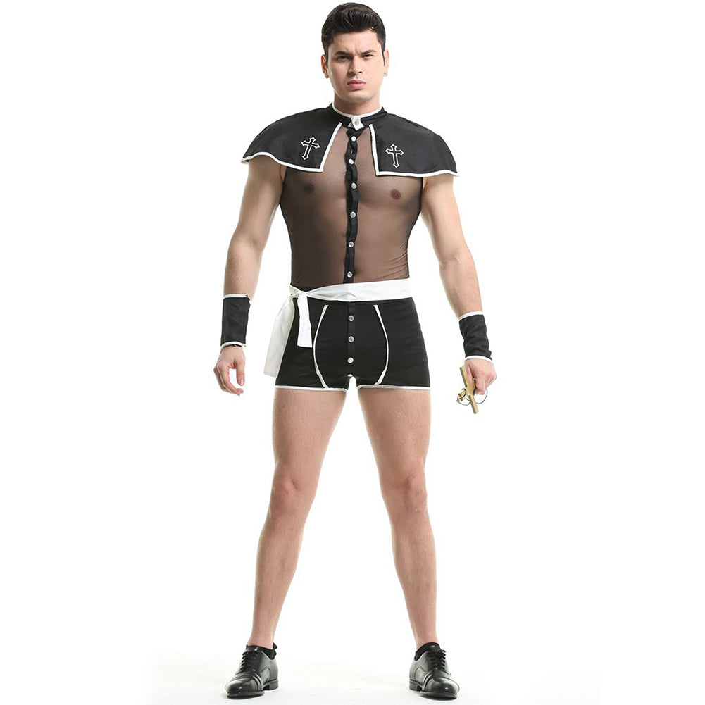 YESFASHION Men Sexy Uniform Suit Godfather Priest Cross Cosplay