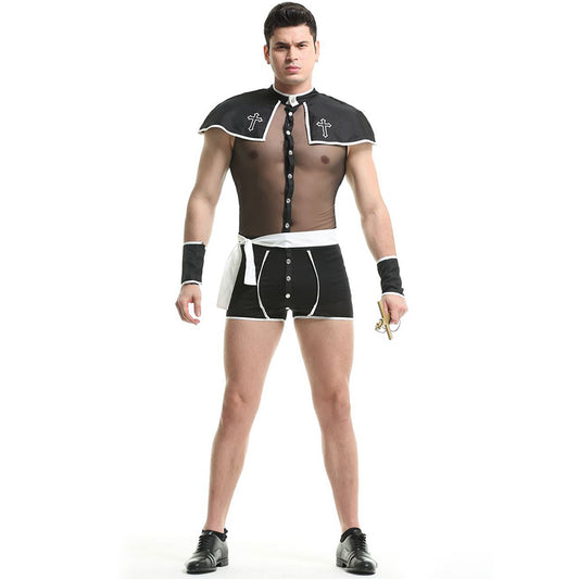YESFASHION Men Sexy Uniform Suit Godfather Priest Cross Cosplay
