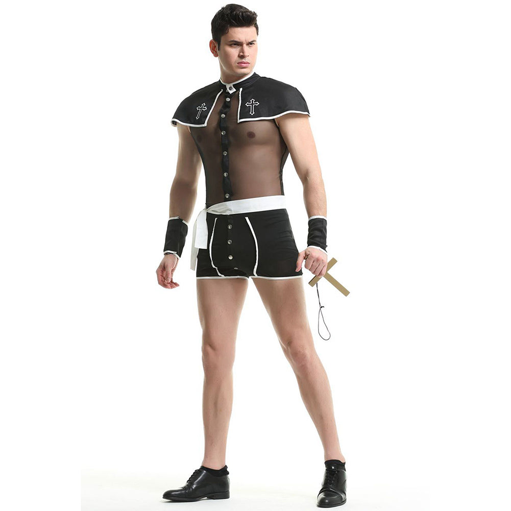 YESFASHION Men Sexy Uniform Suit Godfather Priest Cross Cosplay