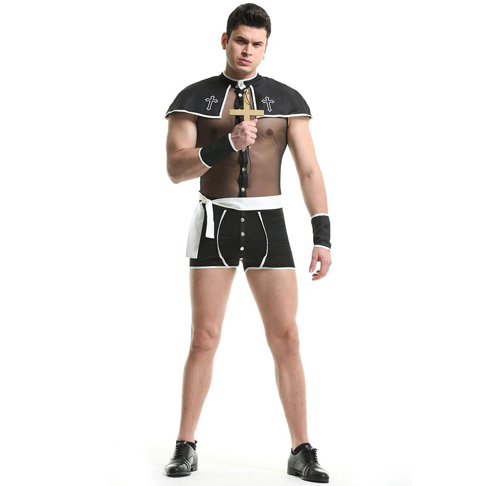 YESFASHION Men Sexy Uniform Suit Godfather Priest Cross Cosplay