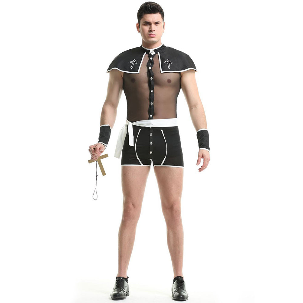YESFASHION Men Sexy Uniform Suit Godfather Priest Cross Cosplay