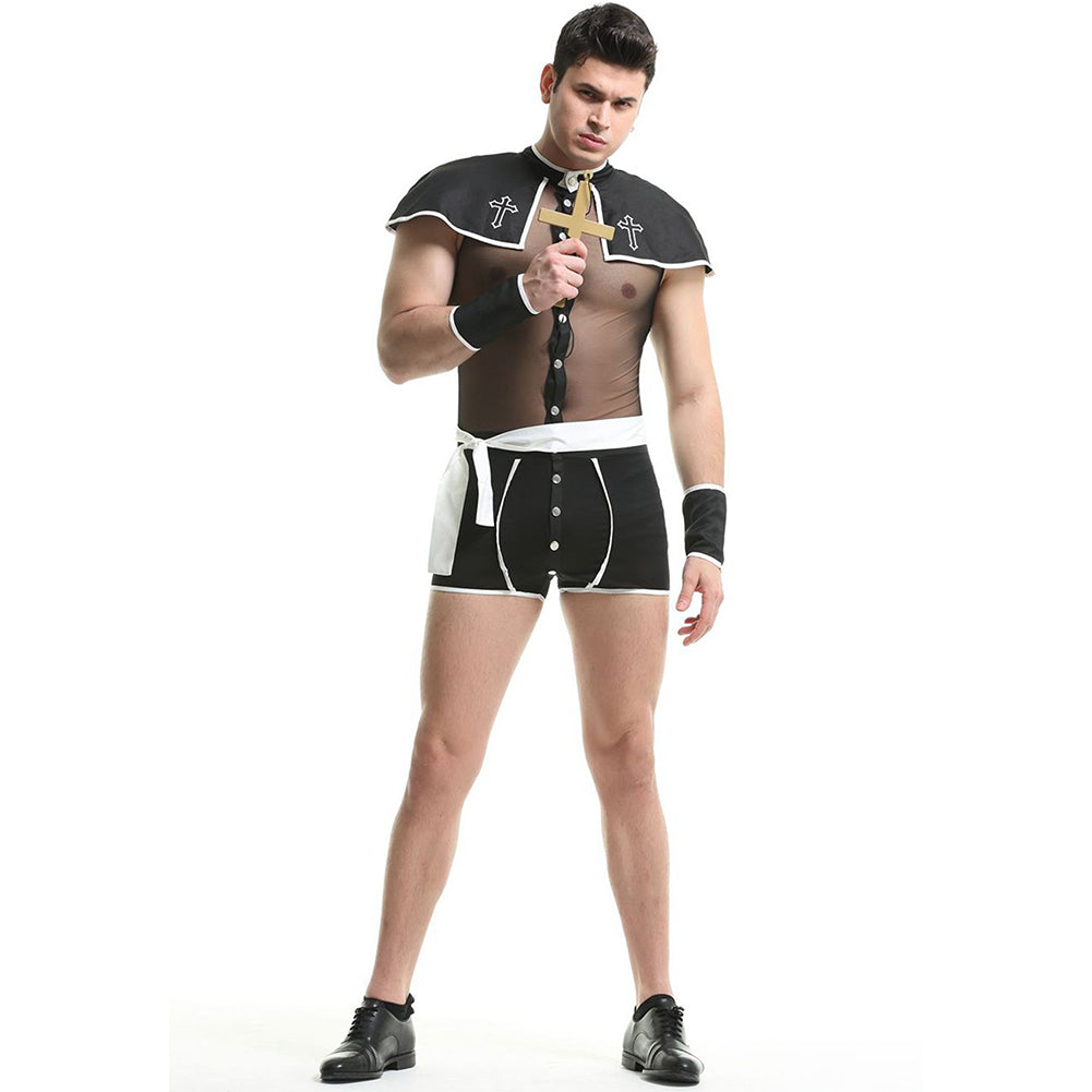 YESFASHION Men Sexy Uniform Suit Godfather Priest Cross Cosplay