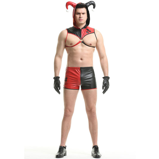 YESFASHION Pu Polyester Men Clown Suit Sexy Uniform Suit