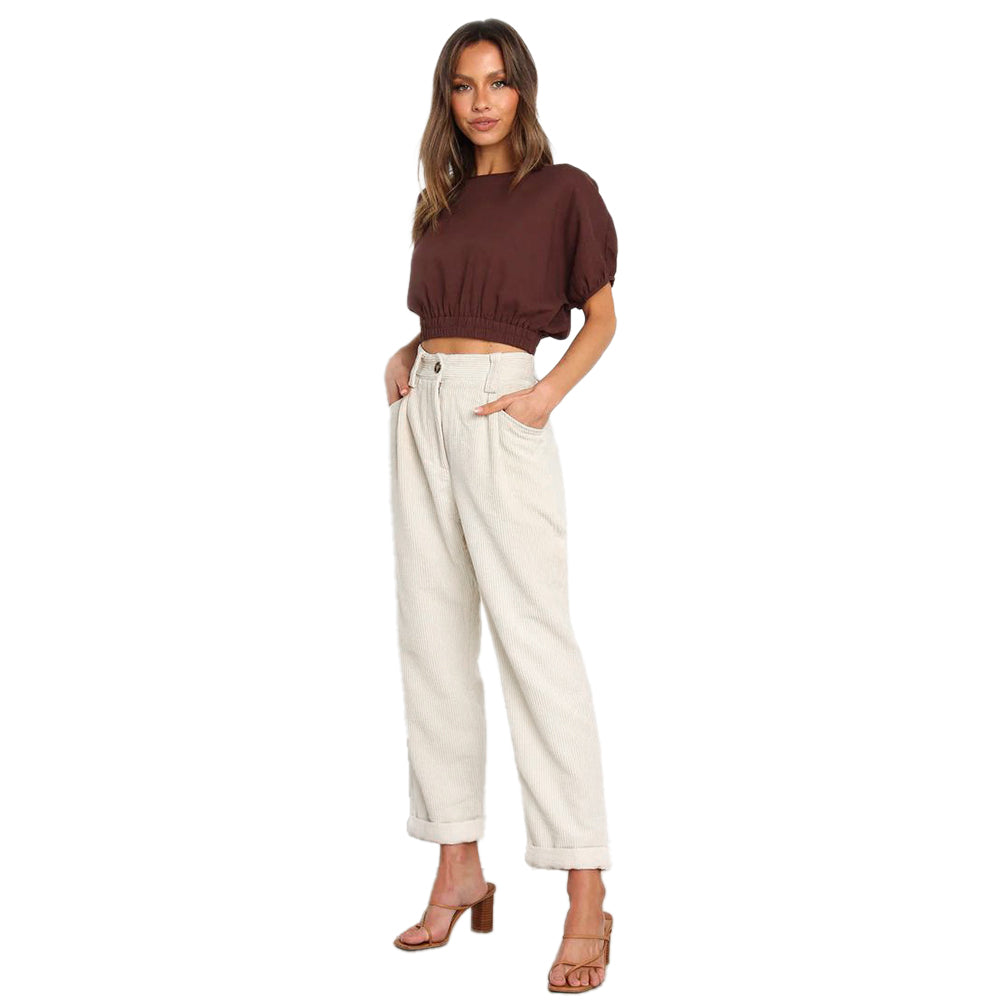 YESFASHION Women Corduroy Pocket Cropped Straight Leg Pants