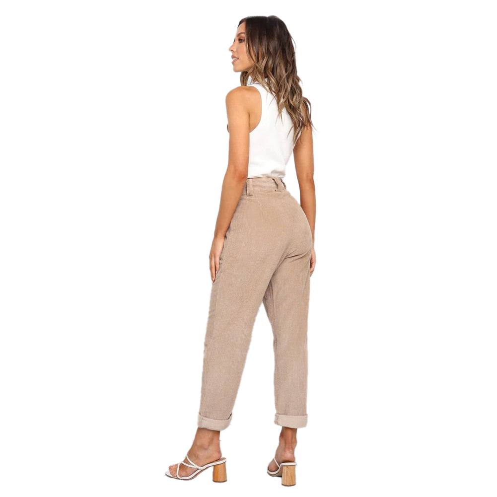 YESFASHION Women Corduroy Pocket Cropped Straight Leg Pants