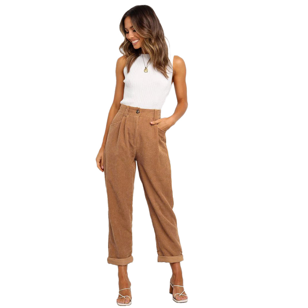 YESFASHION Women Corduroy Pocket Cropped Straight Leg Pants