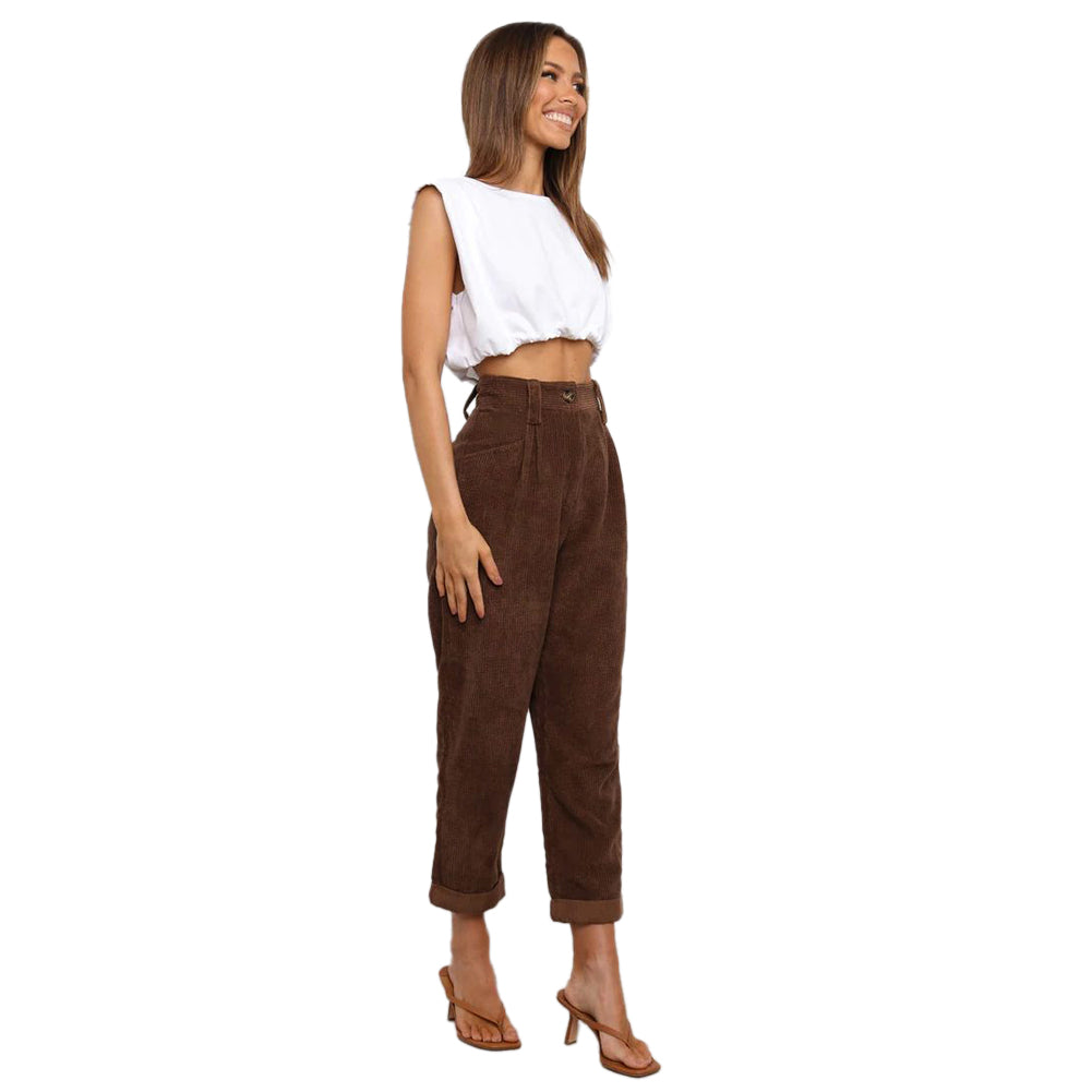 YESFASHION Women Corduroy Pocket Cropped Straight Leg Pants