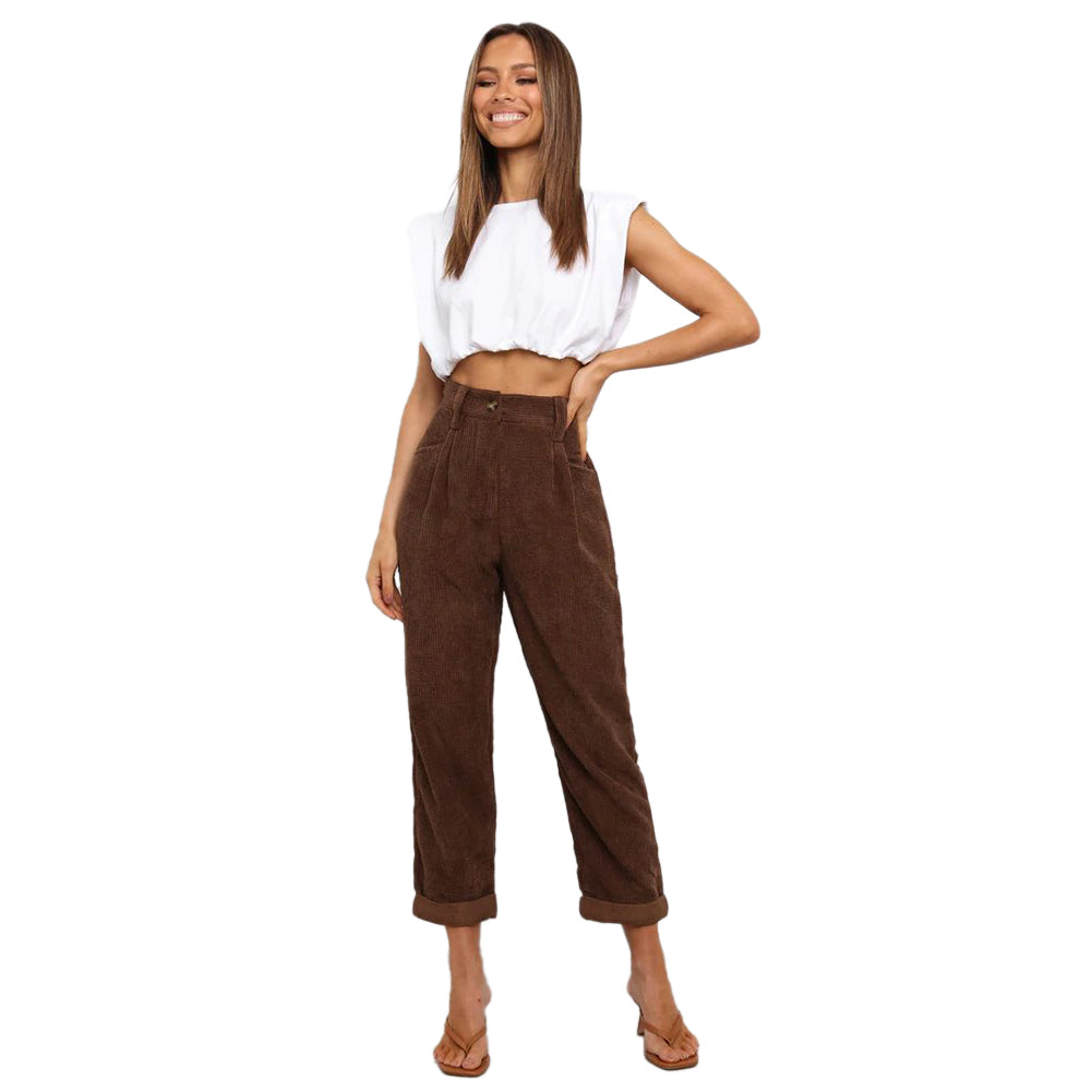 YESFASHION Women Corduroy Pocket Cropped Straight Leg Pants