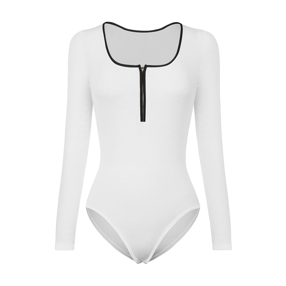YESFASHION New Splicing Color Zipper Thread Long-sleeved Bodysuit
