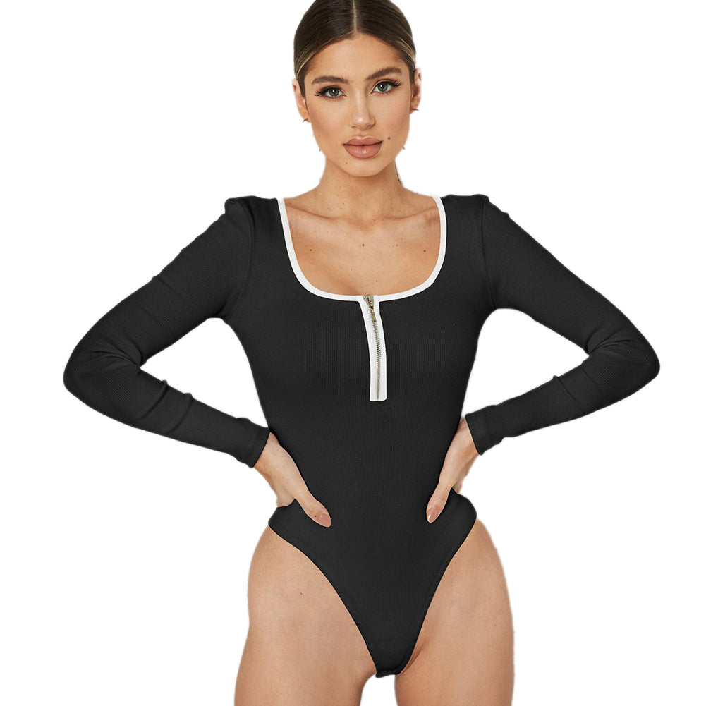 YESFASHION New Splicing Color Zipper Thread Long-sleeved Bodysuit