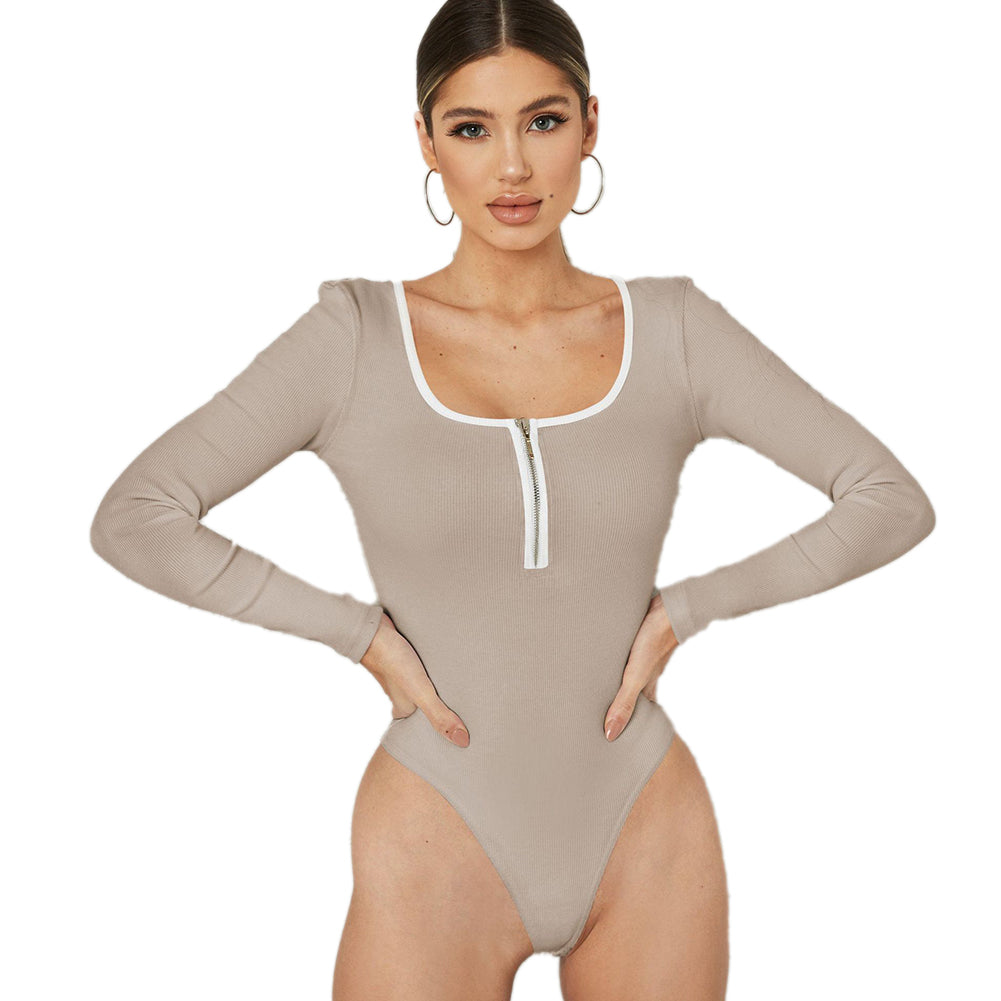 YESFASHION New Splicing Color Zipper Thread Long-sleeved Bodysuit