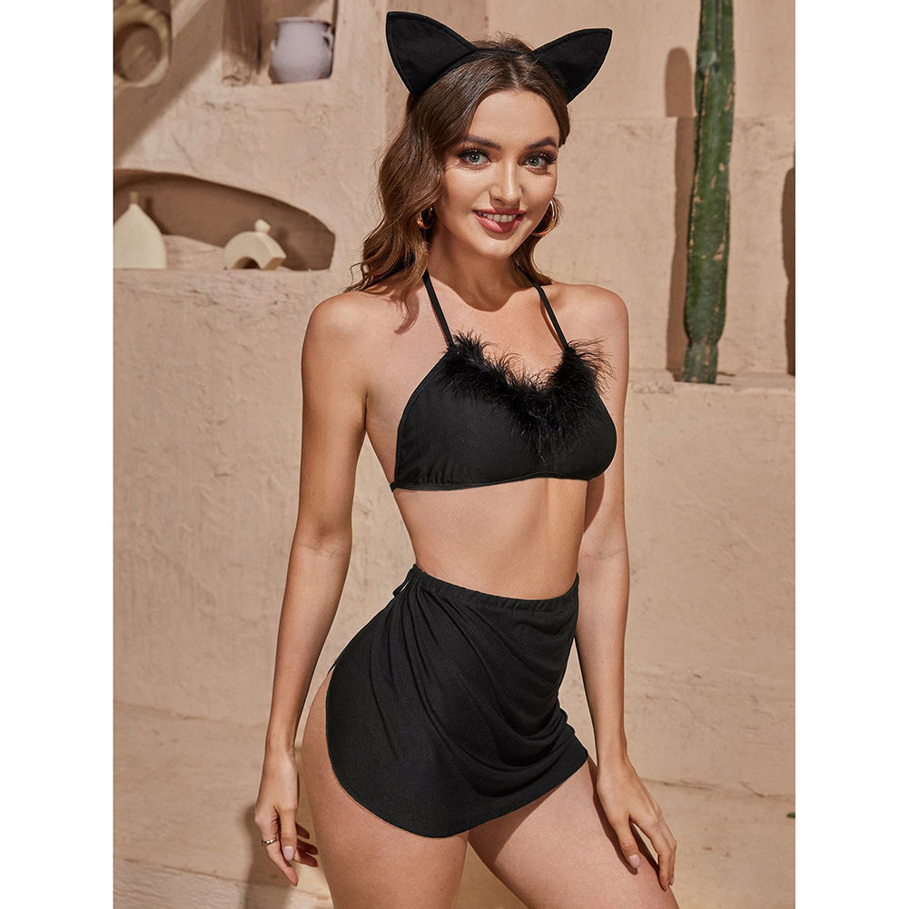 YESFASHION Women Cat Outfit Sexy Lingerie Leopard Print Suit
