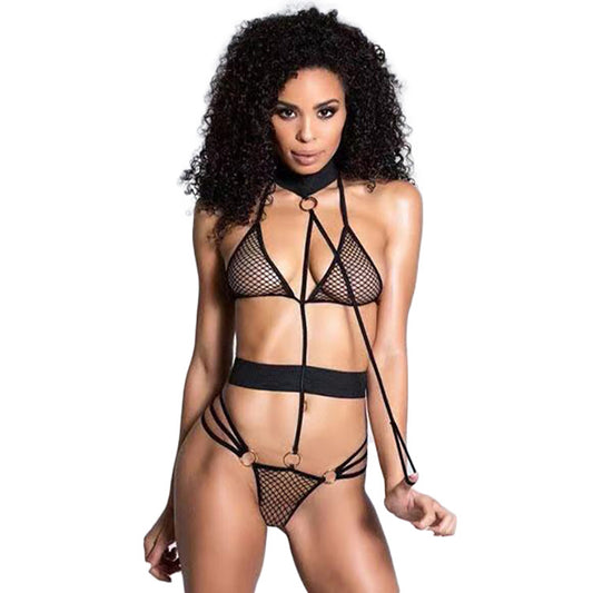 YESFASHION Sexy Mesh Jumpsuit Female Three-point Underwear Set