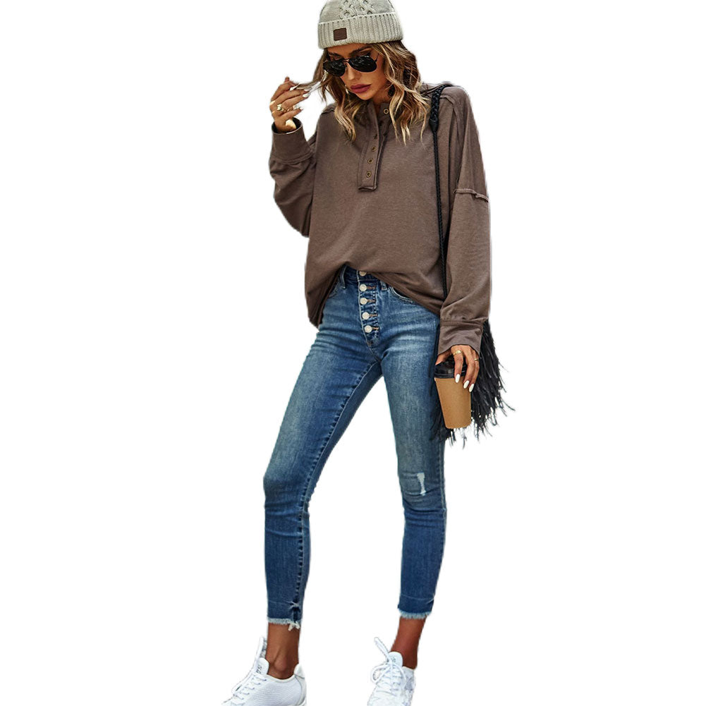 YESFASHION Solid Color All-match Tops Casual T-shirt