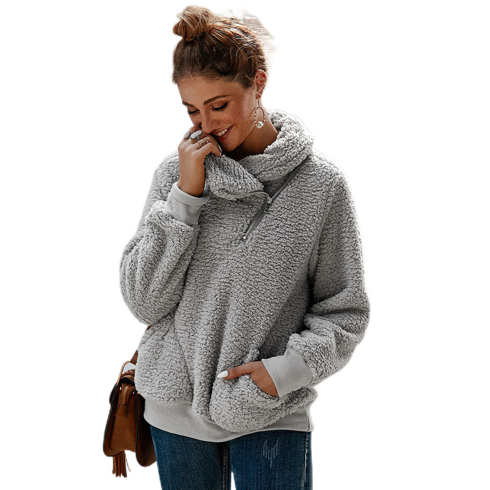 YESFASHION Turtleneck Solid Color Padded Top Fleece Sweaters