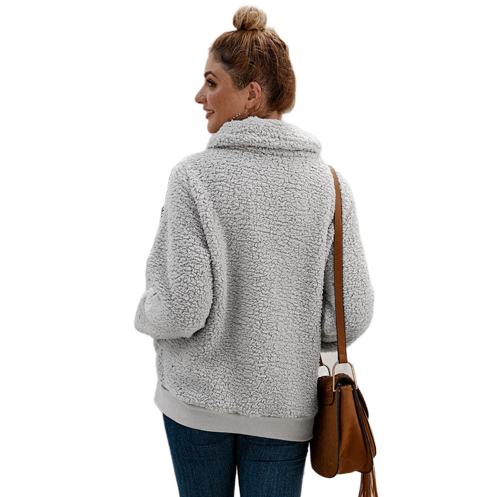 YESFASHION Turtleneck Solid Color Padded Top Fleece Sweaters