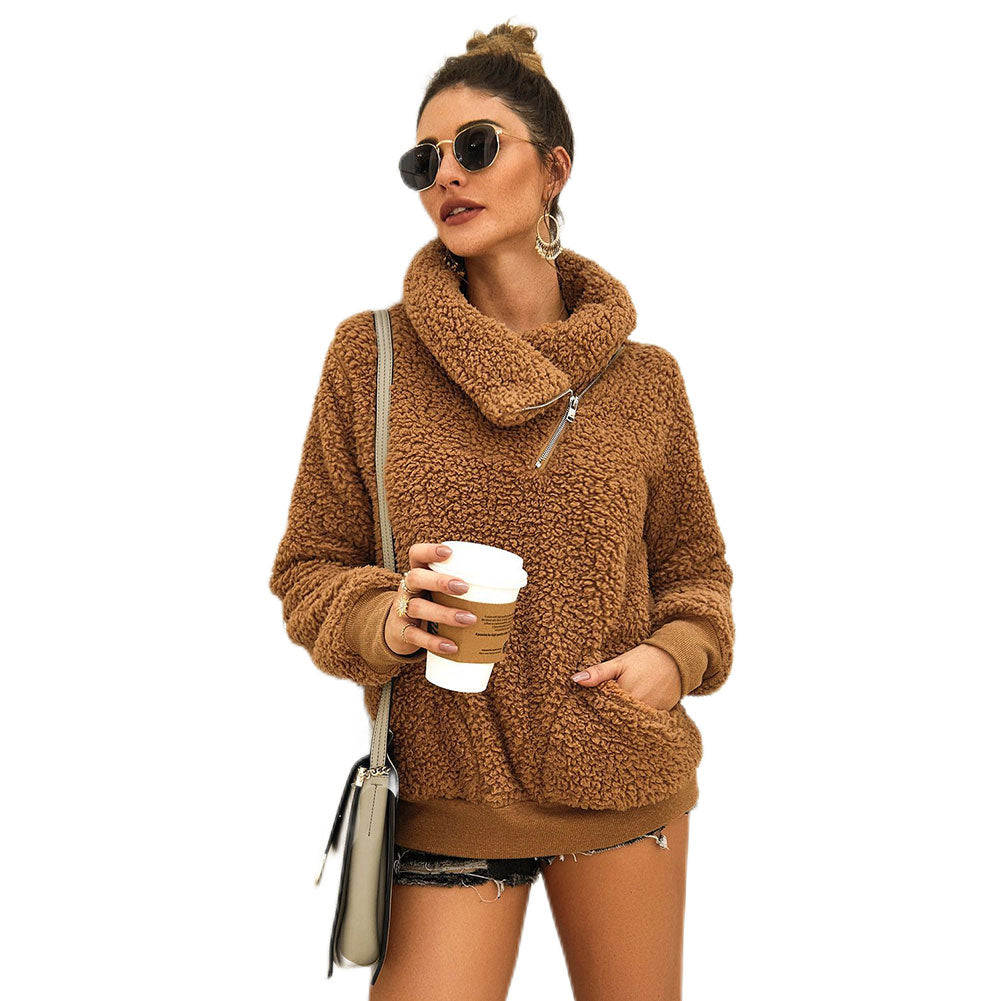 YESFASHION Turtleneck Solid Color Padded Top Fleece Sweaters