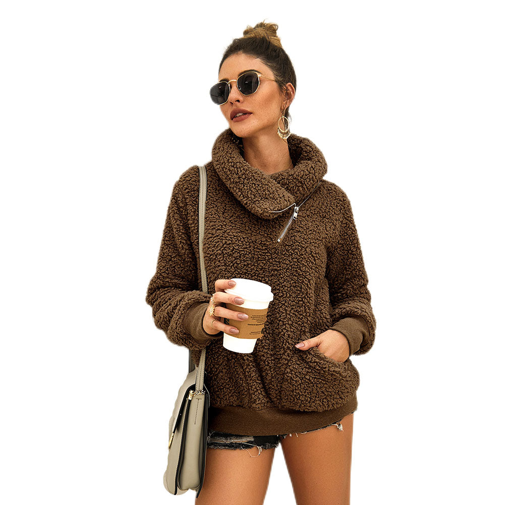 YESFASHION Turtleneck Solid Color Padded Top Fleece Sweaters