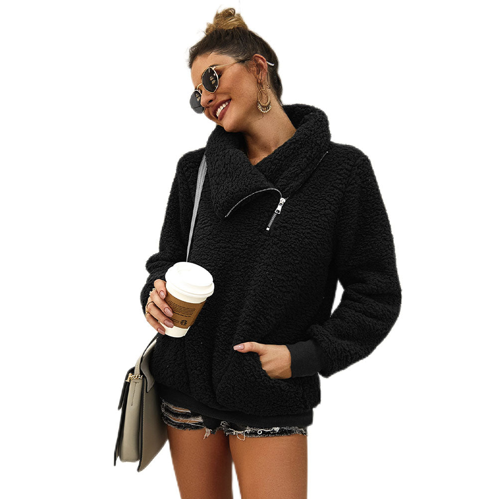 YESFASHION Turtleneck Solid Color Padded Top Fleece Sweaters