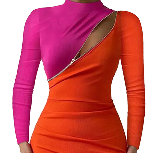 YESFASHION Half-high Neck Zipper Sexy Tight Waist Dress