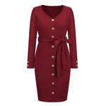 YESFASHION Women New Slim-fit Ribbed V-neck Button-decorated Dress