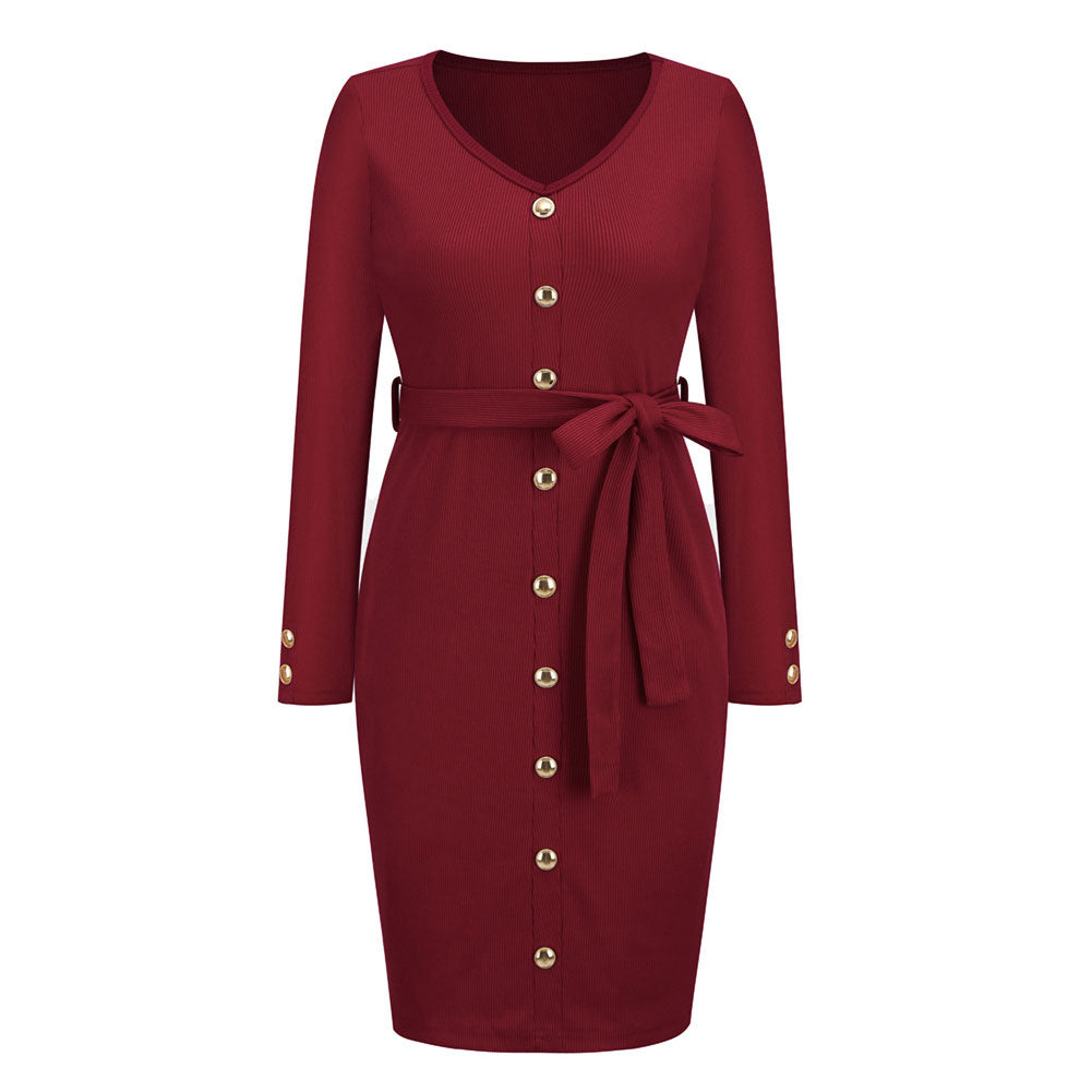 YESFASHION Women New Slim-fit Ribbed V-neck Button-decorated Dress