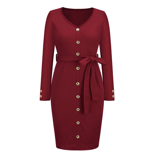 YESFASHION Women New Slim-fit Ribbed V-neck Button-decorated Dress