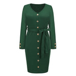 YESFASHION Women New Slim-fit Ribbed V-neck Button-decorated Dress