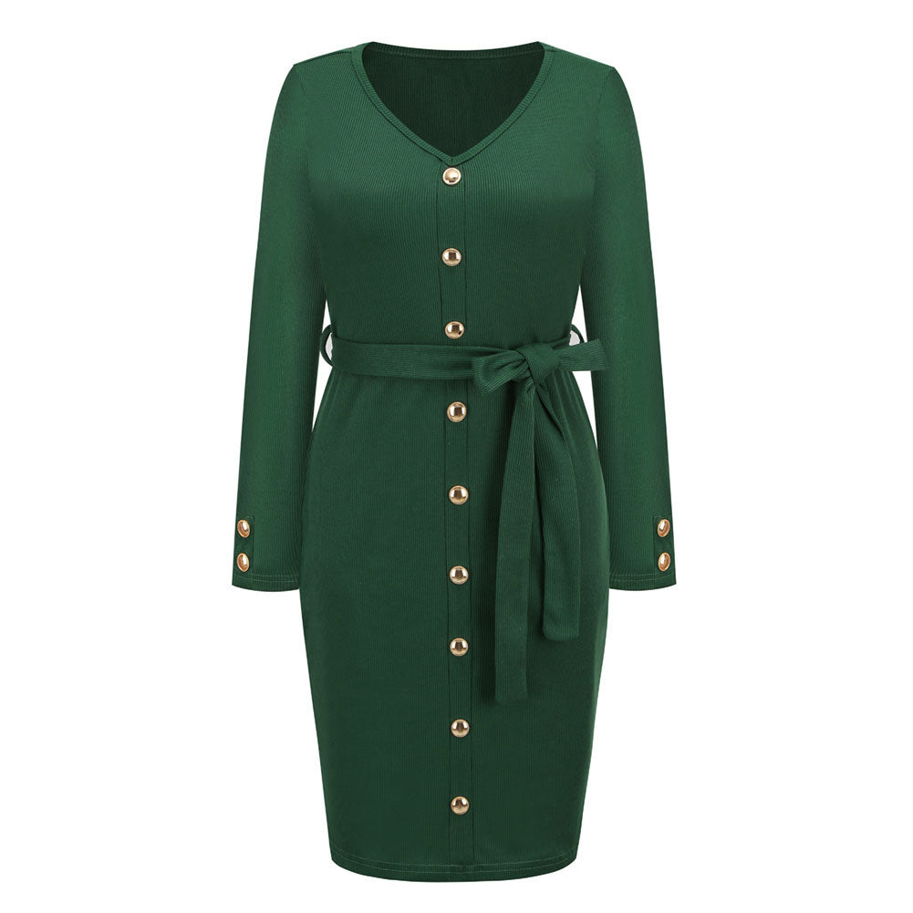 YESFASHION Women New Slim-fit Ribbed V-neck Button-decorated Dress