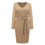 YESFASHION Women New Slim-fit Ribbed V-neck Button-decorated Dress