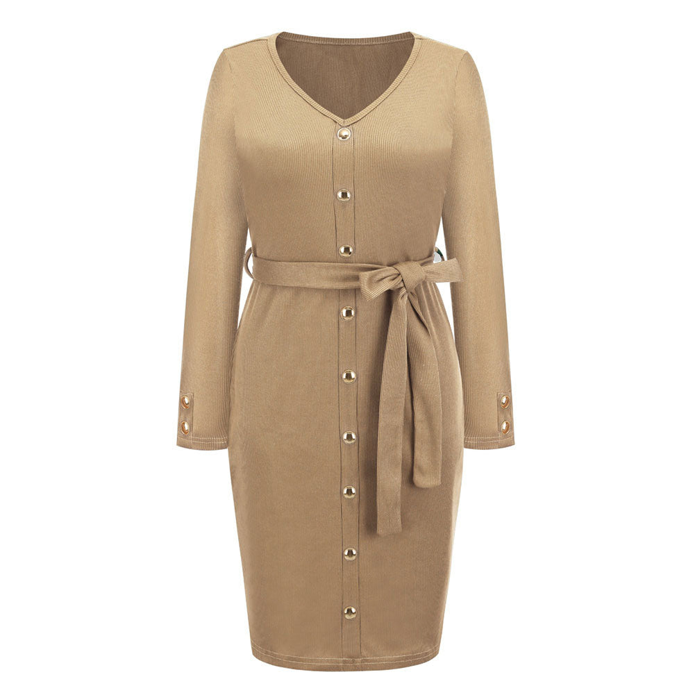 YESFASHION Women New Slim-fit Ribbed V-neck Button-decorated Dress
