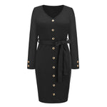 YESFASHION Women New Slim-fit Ribbed V-neck Button-decorated Dress