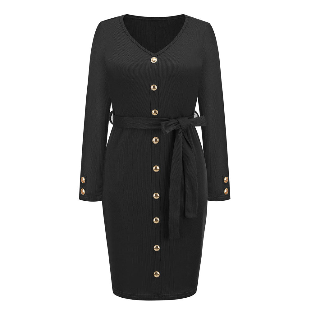 YESFASHION Women New Slim-fit Ribbed V-neck Button-decorated Dress
