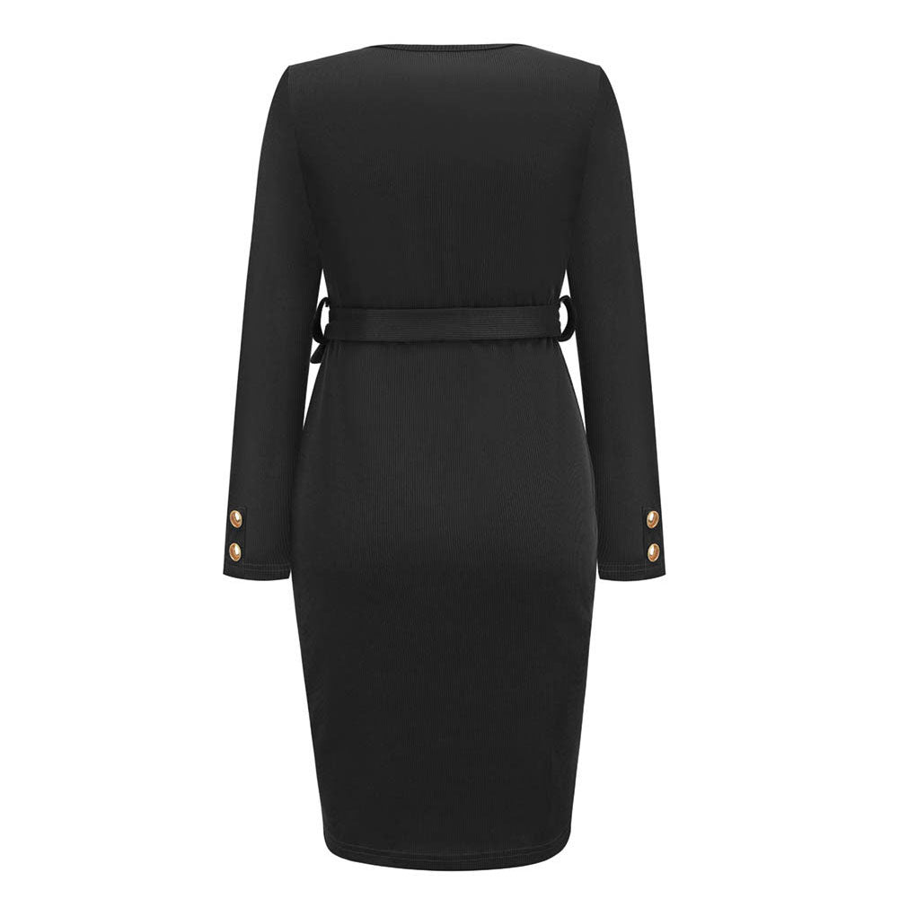 YESFASHION Women New Slim-fit Ribbed V-neck Button-decorated Dress