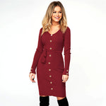 YESFASHION Women New Slim-fit Ribbed V-neck Button-decorated Dress