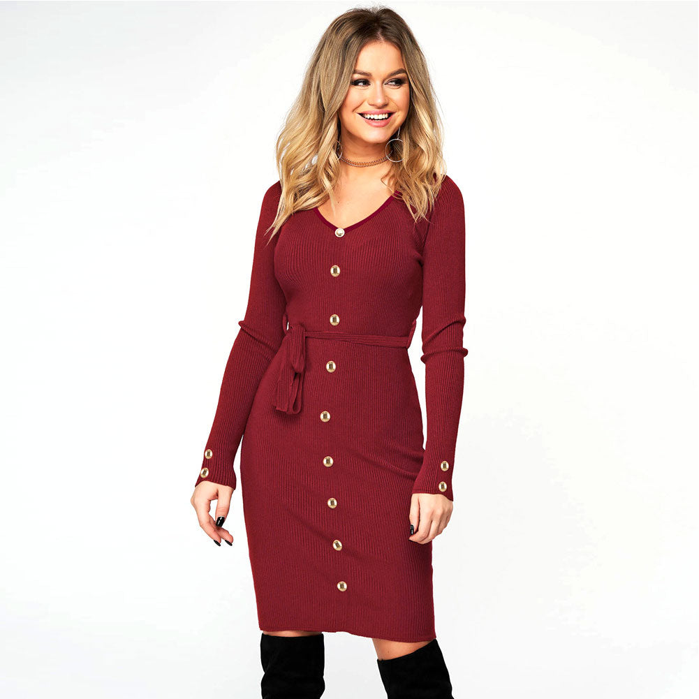 YESFASHION Women New Slim-fit Ribbed V-neck Button-decorated Dress