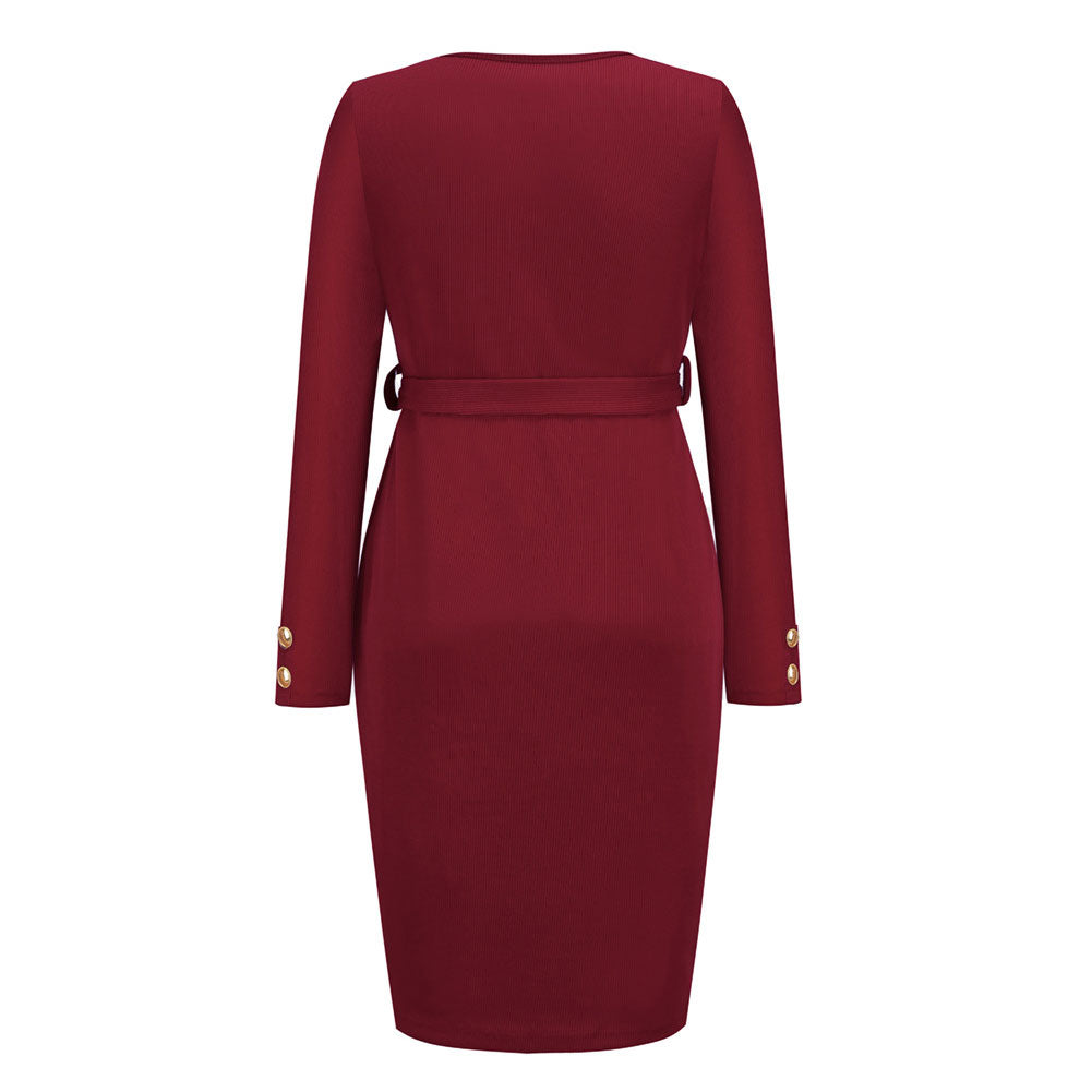 YESFASHION Women New Slim-fit Ribbed V-neck Button-decorated Dress