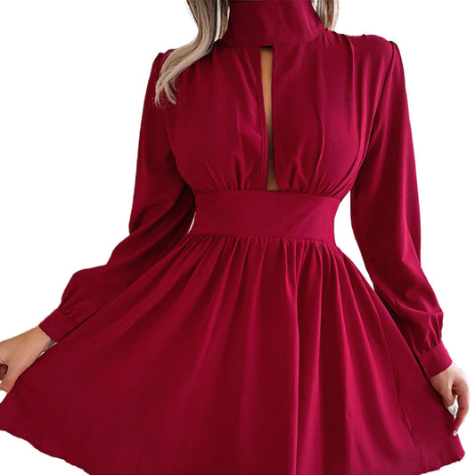 YESFASHION Commuting Pure Color Half-high Neck Waist Dress